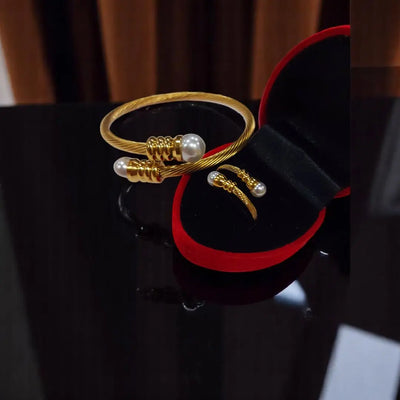 Gold Plated Pearl Handcuff With Ring3