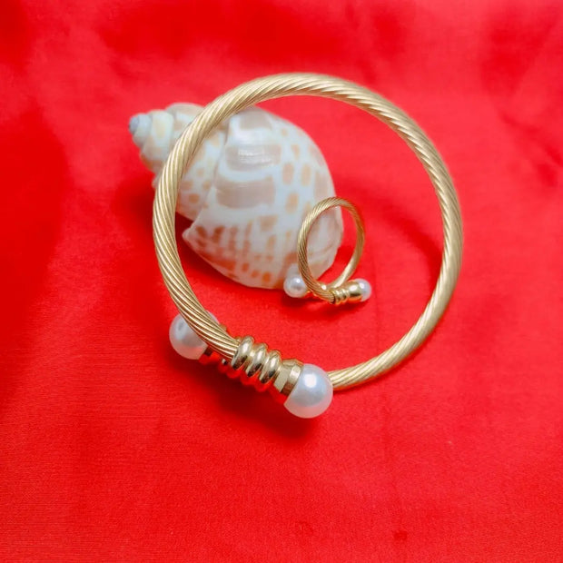 Gold Plated Pearl Handcuff With Ring1