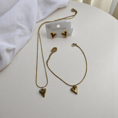 Fashion Gold Color Heart Pendant Necklace With Studs And Bracelets For Women Luxury Design Stainless Steel Temperament Clavicle Chain Set Stainless Steel 1