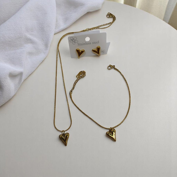 Fashion Gold Color Heart Pendant Necklace With Studs And Bracelets For Women Luxury Design Stainless Steel Temperament Clavicle Chain Set Stainless Steel 1